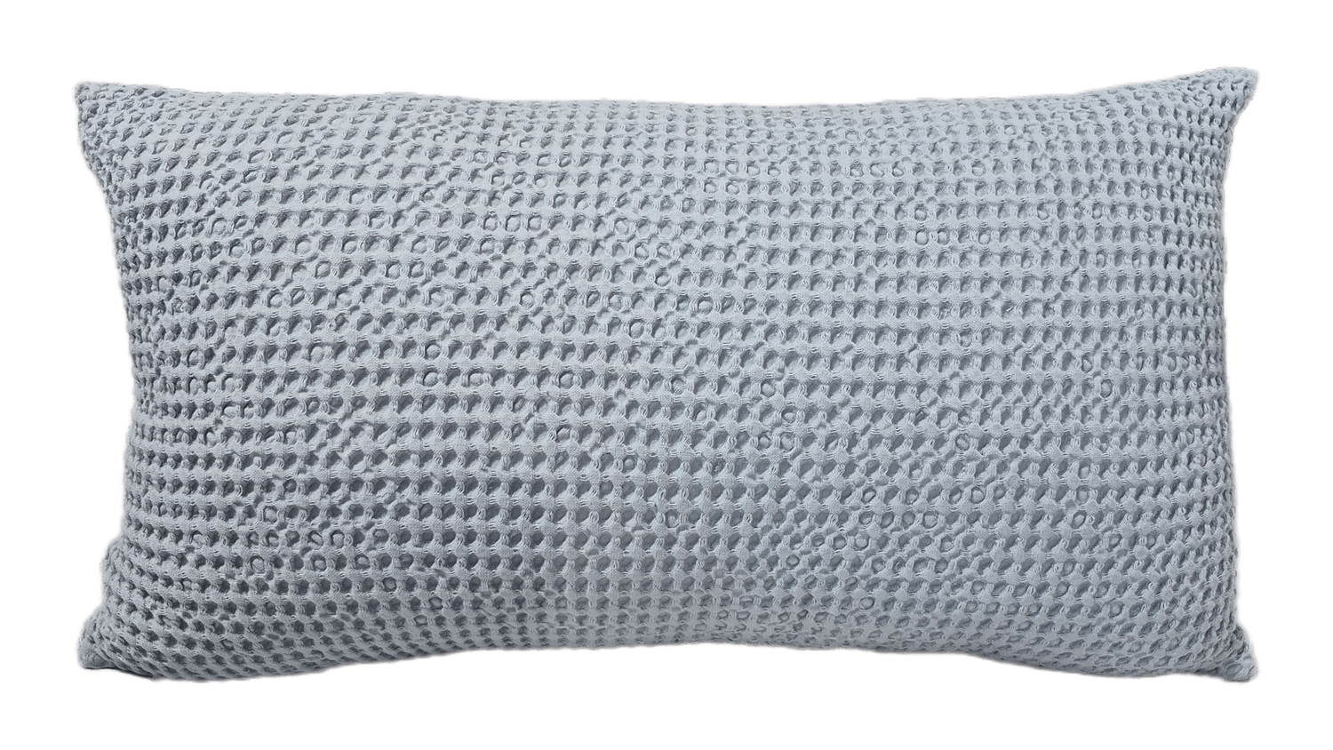 A rectangular New Bliss Feather Cushion featuring a duck egg finish and a waffle-weave texture